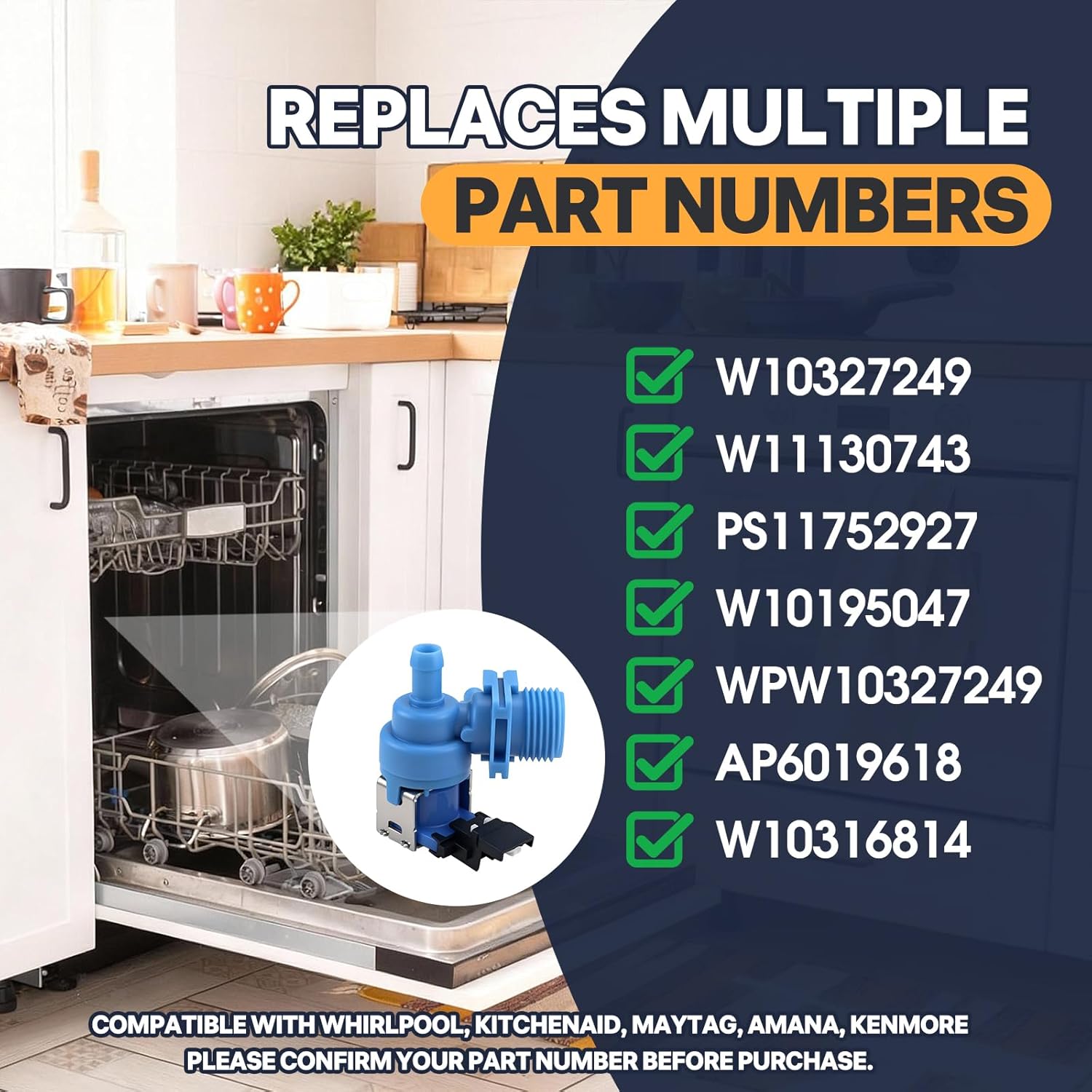 Upgraded W10327249 W10327250 Dishwasher Water Inlet Valve – Compatible with Whirlpool, KitchenAid, Maytag, Amana, Kenmore – Replaces WPW10327249, W11130743, AP6019618, PS11752927