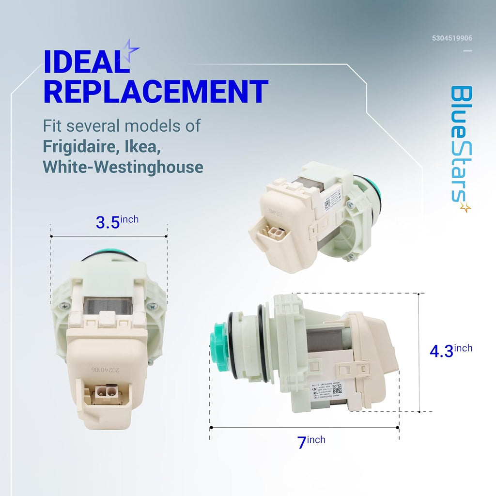BlueStars 5304519906 Dishwasher Pump And Motor Assembly - Compatible with Frigidaire, Ikea, White-Westinghouse Dishwashers - Replaces AP6840161 PS12712308 EAP12712308 - Easy to Install & Ultra Durable