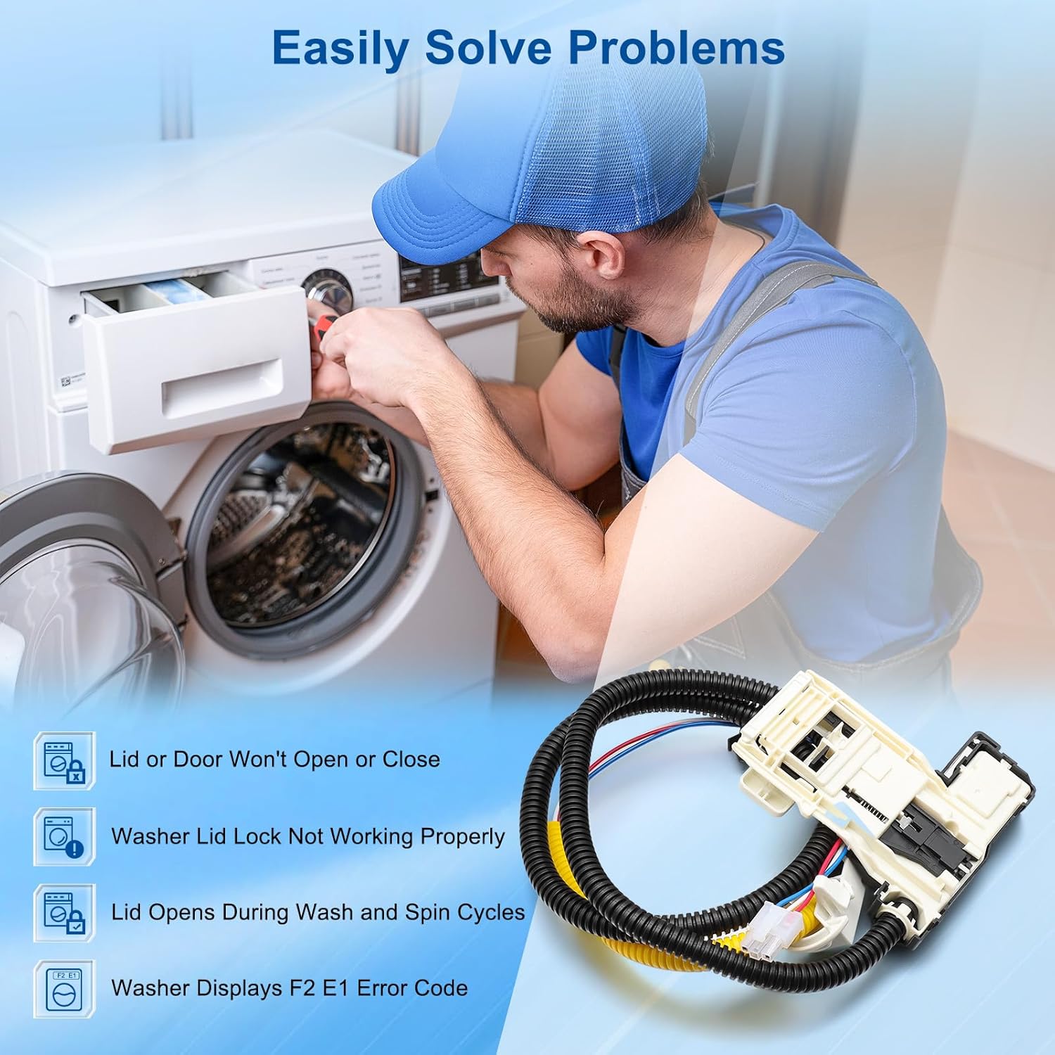 W11307244 Washer Lid Lock Assembly, (3-Wire) Washer Door Lock Replaces W10838613, W10838613VP, W11253733, PS12704713 Washing Machine Door Latch Assembly