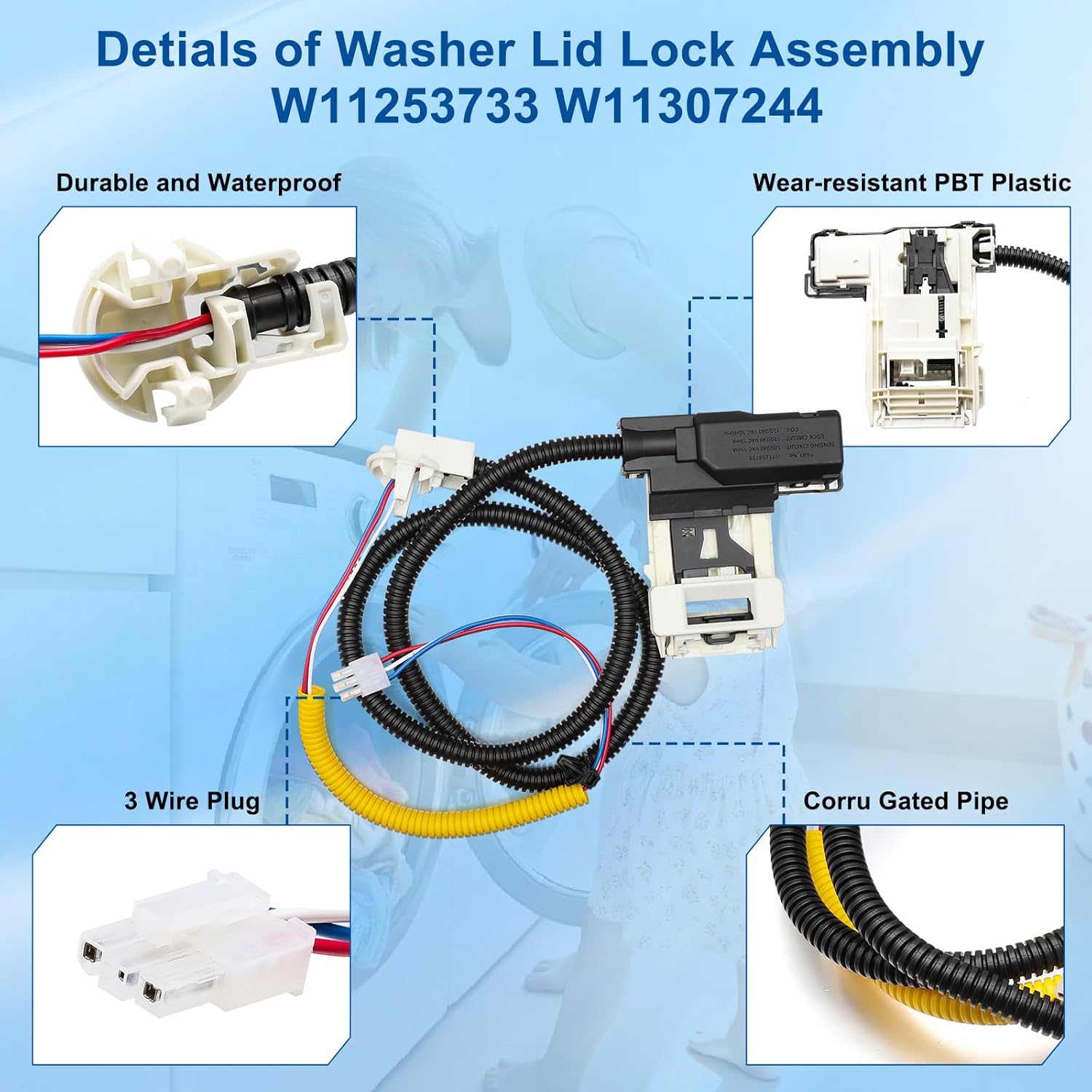 W11307244 Washer Lid Lock Assembly, (3-Wire) Washer Door Lock Replaces W10838613, W10838613VP, W11253733, PS12704713 Washing Machine Door Latch Assembly