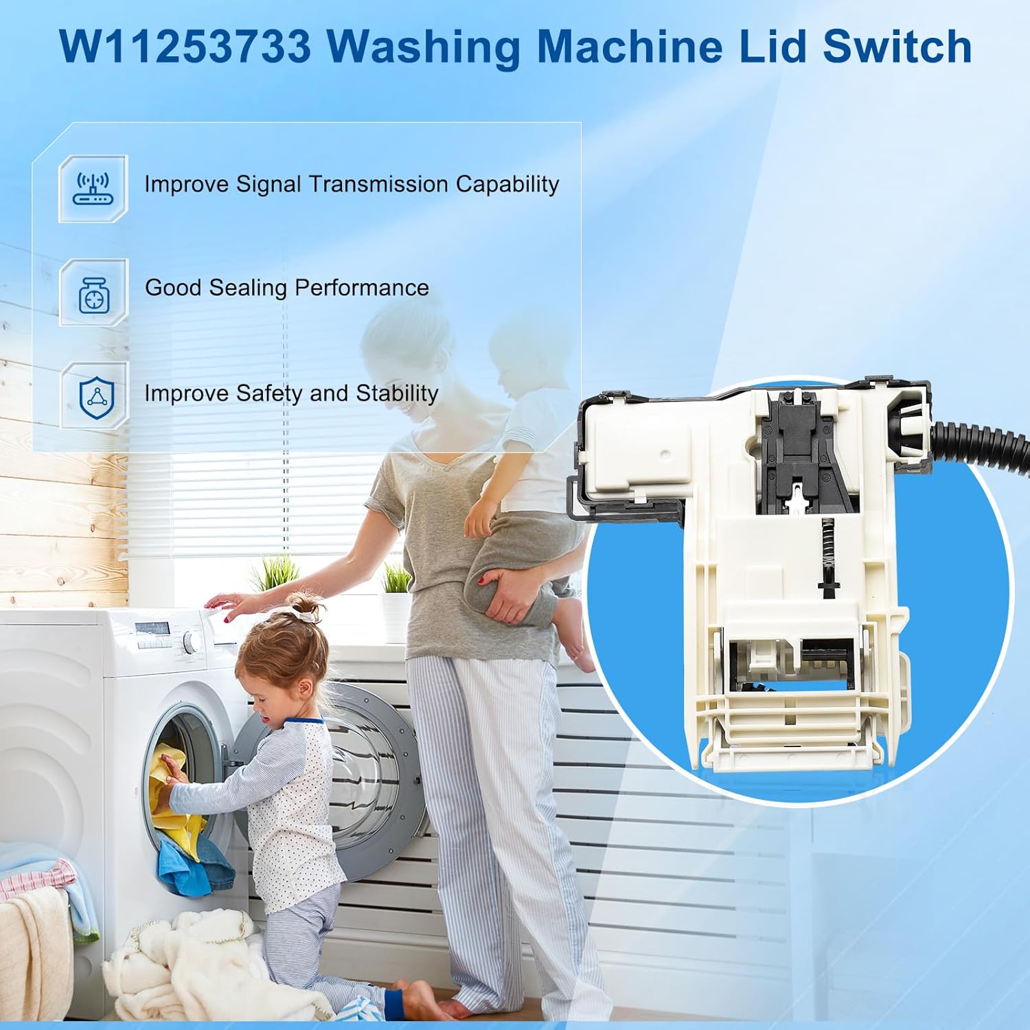 W11307244 Washer Lid Lock Assembly, (3-Wire) Washer Door Lock Replaces W10838613, W10838613VP, W11253733, PS12704713 Washing Machine Door Latch Assembly